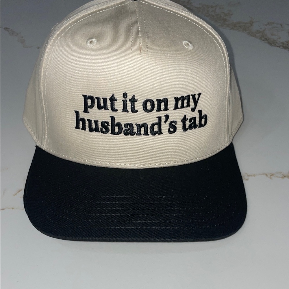 Put it on my husband tab Cream and Black SnapBack hat